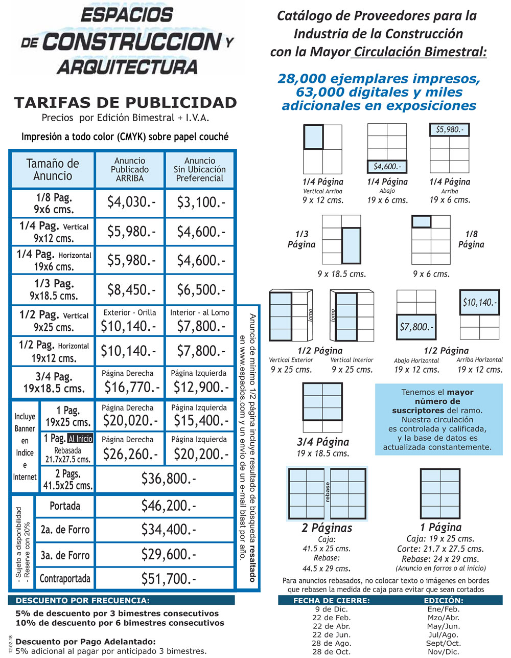 ESPACIOS DE CONSTRUCCION Y ARQUITECTURA - TARIFAS