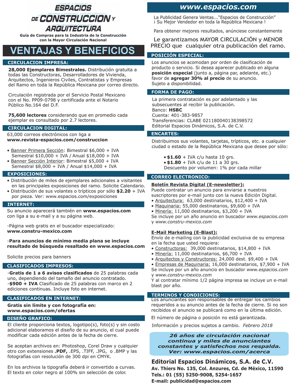 ESPACIOS DE CONSTRUCCION Y ARQUITECTURA - TARIFAS